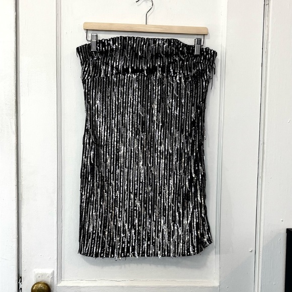 Silence + Noise Womens Black & Silver Sequins Fringe Strapless Mini Dress,Size L - Picture 5 of 14